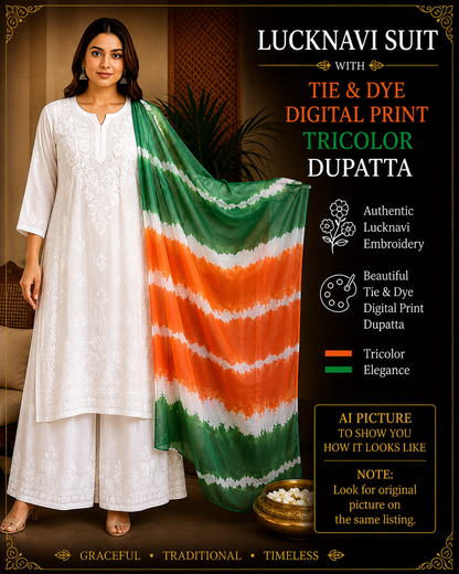 White Lucknowi Chikankari muslin palazzo suit with green, white and orange tie-dye tricolor dupatta