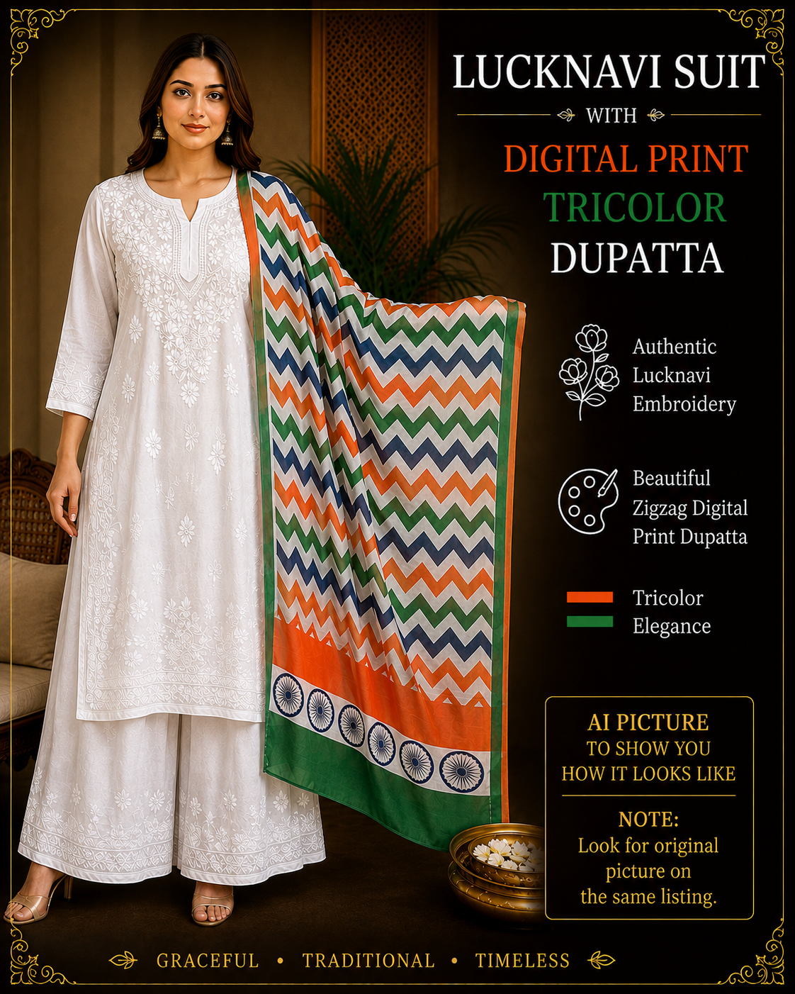 White Lucknowi Chikankari muslin palazzo suit with colorful zigzag digital print tricolor dupatta