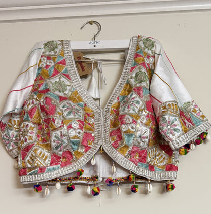White multicolor embroidered Navratri designer blouse with decorative embellishments