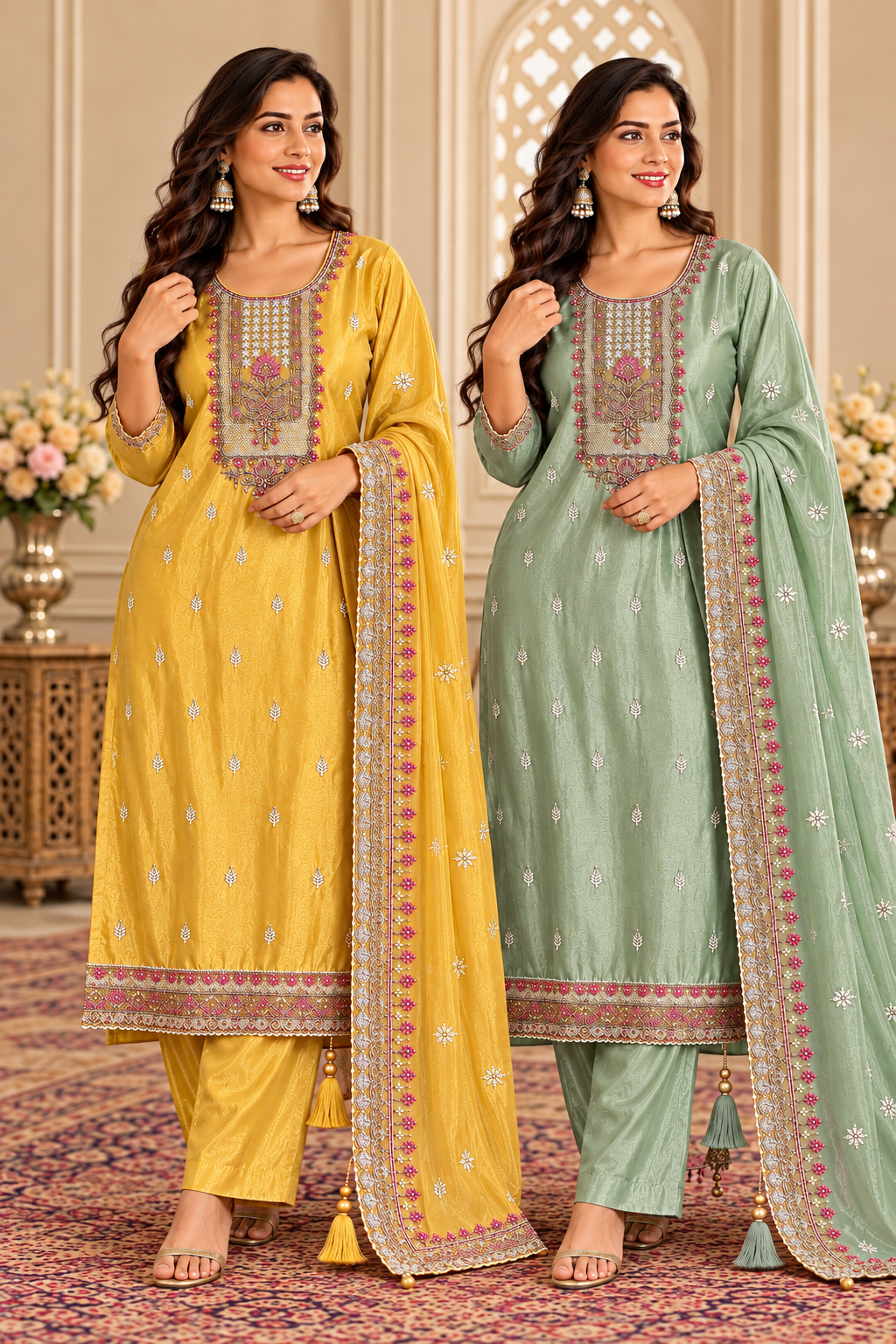 Golden yellow mint green Tussar silk embroidered Haldi suit with matching pants and dupatta