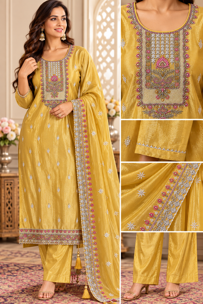 A woman modeling a mustard yellow ethnic salwar kameez suit with matching pants and a dupatta, shown in a full-body view alongside three close-up detail panels highlighting the embroidered neckline, hem, and border patterns.