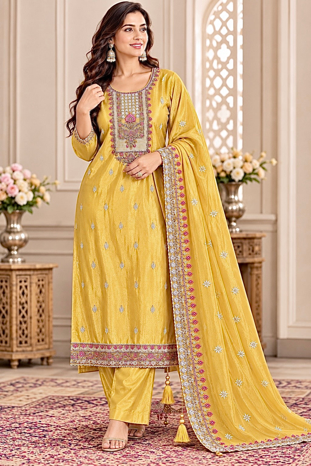 Close-up of embroidered and handwork neckline on golden yellow Tussar silk suit