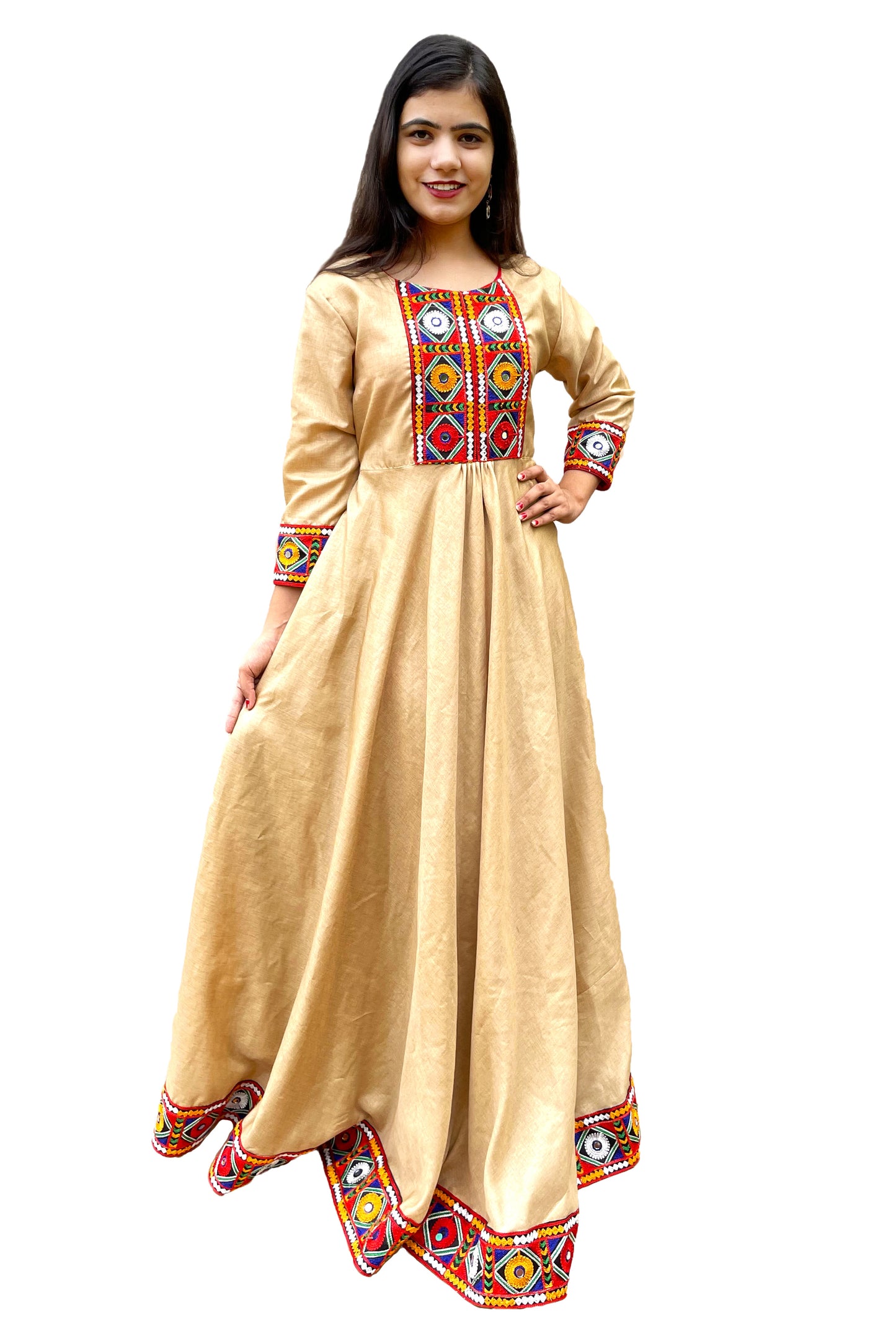 Beige & Maroon color, Multicolor embroidered Gujarati Borders, Maxi Gown