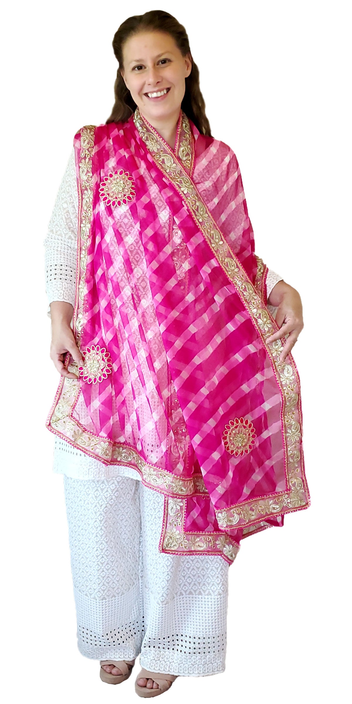 Pure Chiffon Hot Pink & White Hand Tie n dye Dupatta with Zari Border | Ethnic Indian Rajasthani Traditional and High Quality Dupatta