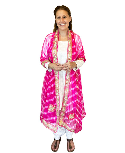 Pure Chiffon Hot Pink & White Hand Tie n dye Dupatta with Zari Border | Ethnic Indian Rajasthani Traditional and High Quality Dupatta