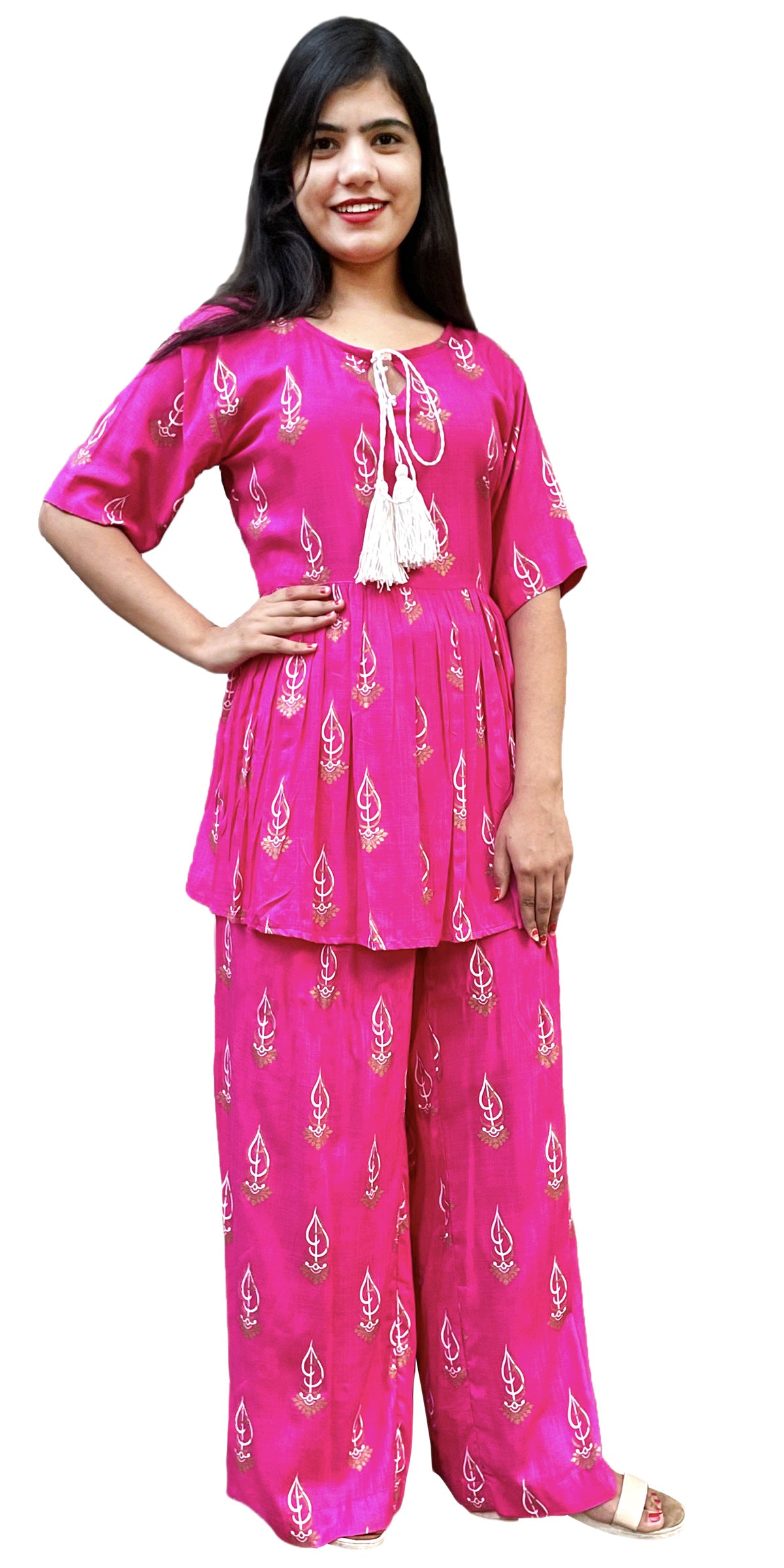 Hot Pink Hand Printed Rayon half Sleeves Tunic/top with Palazzo Pants