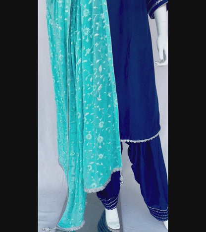 Navy Blue Punjabi Patiala Salwar Suit, Muslin Punjabi Suit with  Turquoise Dupatta