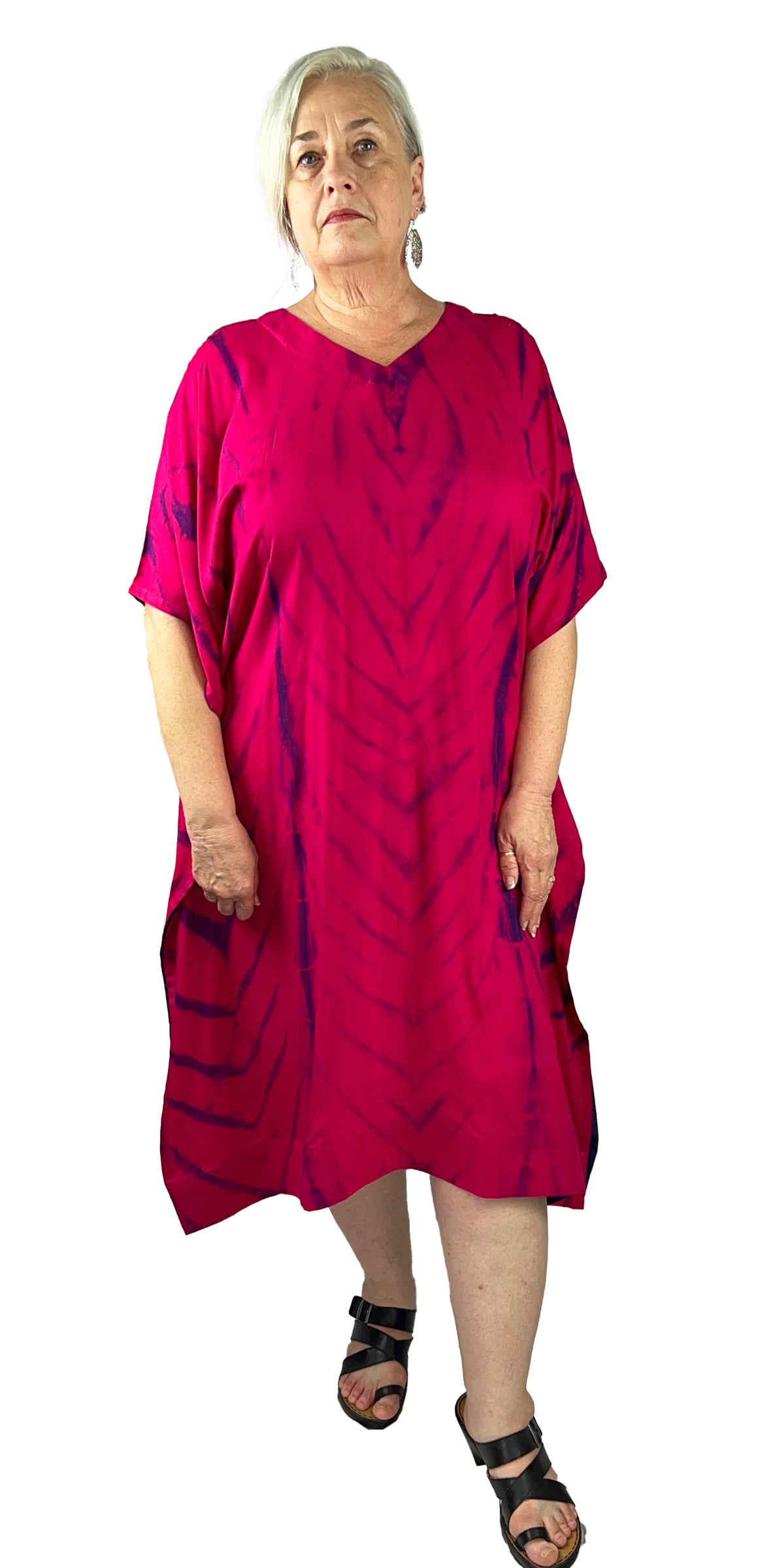 Hot Pink Tie dye Calf Length Rayon Kaftan