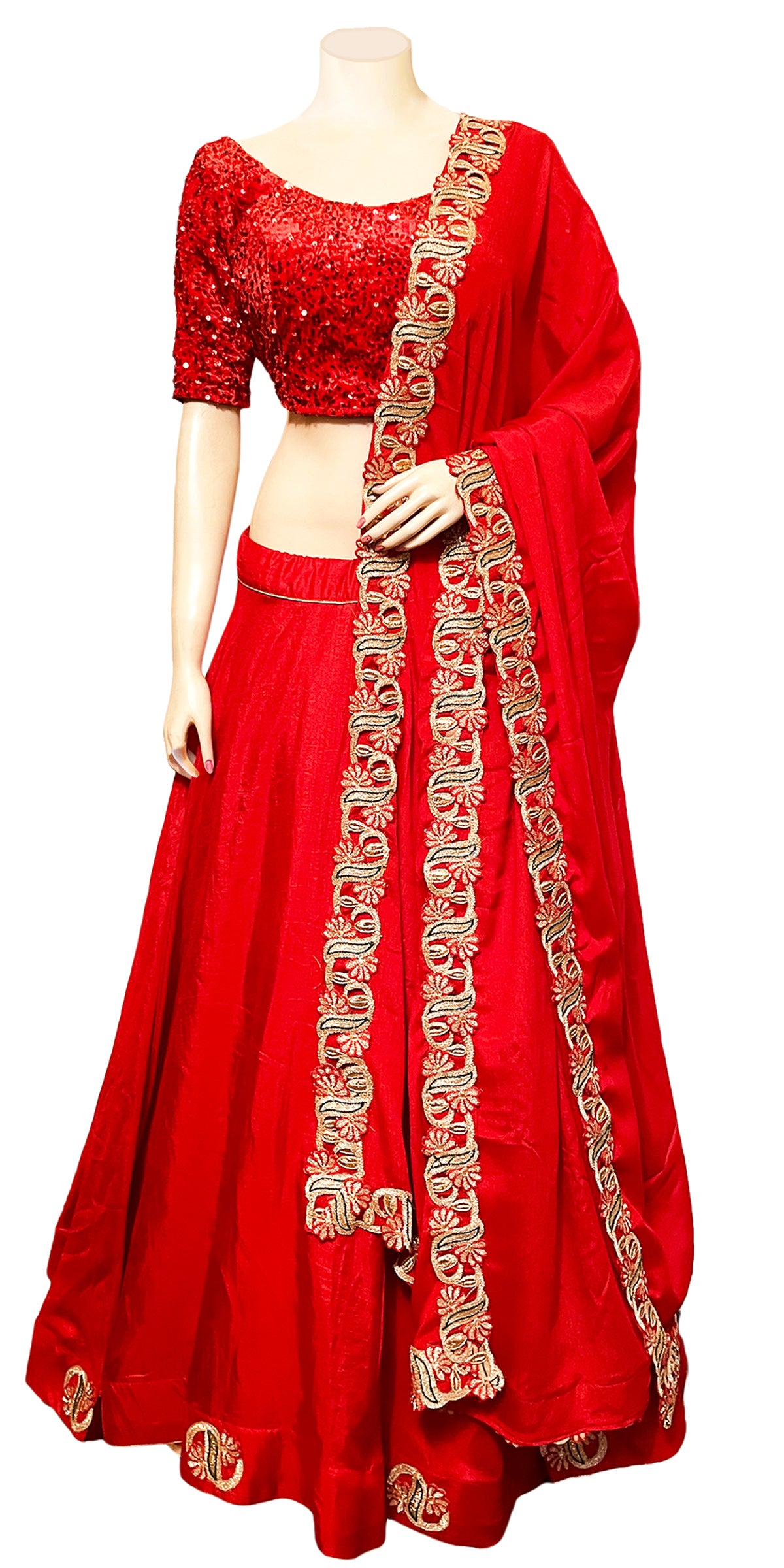 Red Color, Umbrella cut Lehenga & Pure Chinon Dupatta with Sequence Velvet Blouse