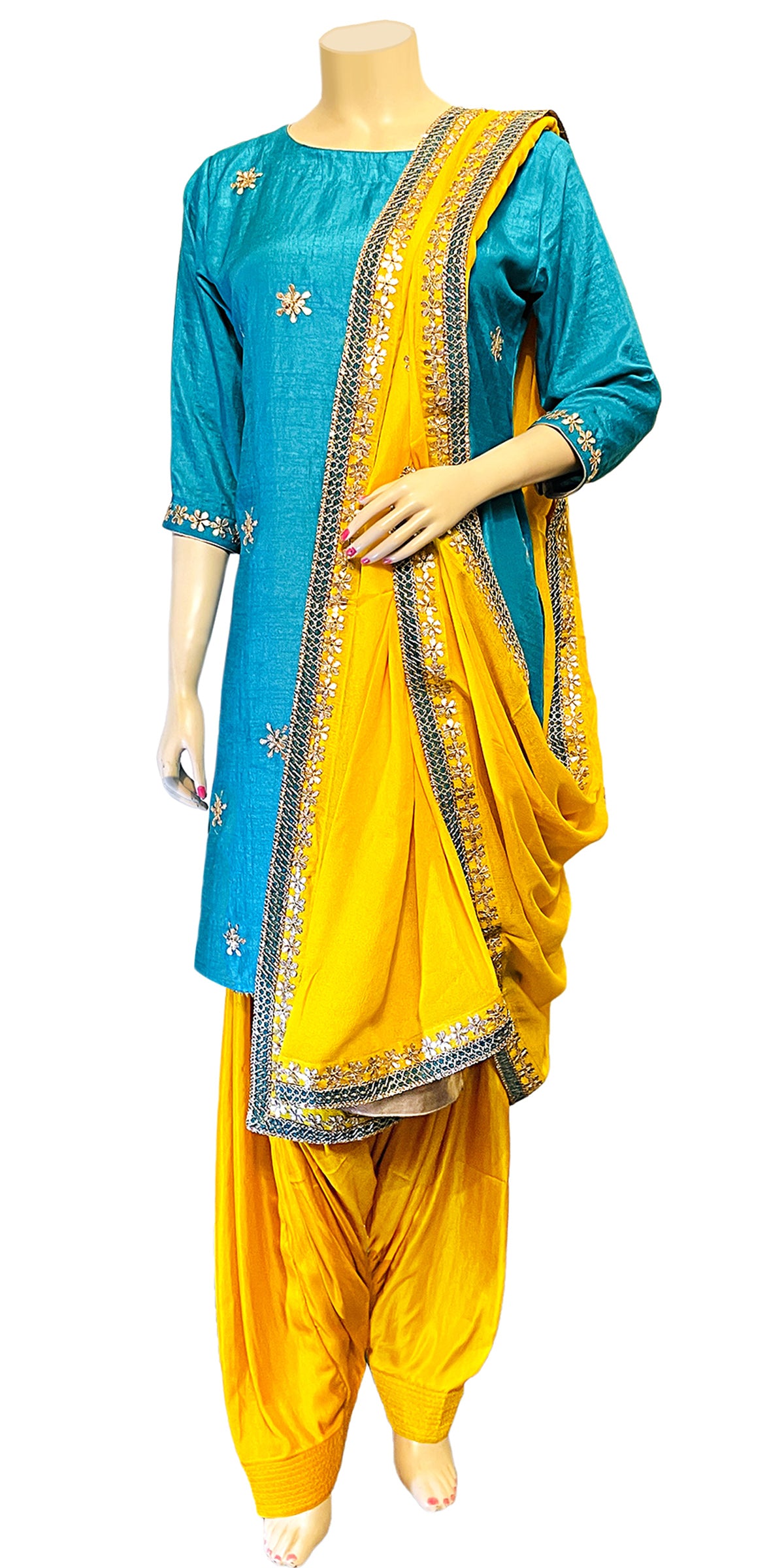 Yellow Salwar Suit, Light blue kameez salwar, Full Patiala Salwar suit with Dupatta, Gota patti salwar kameez, Indian pooja wear