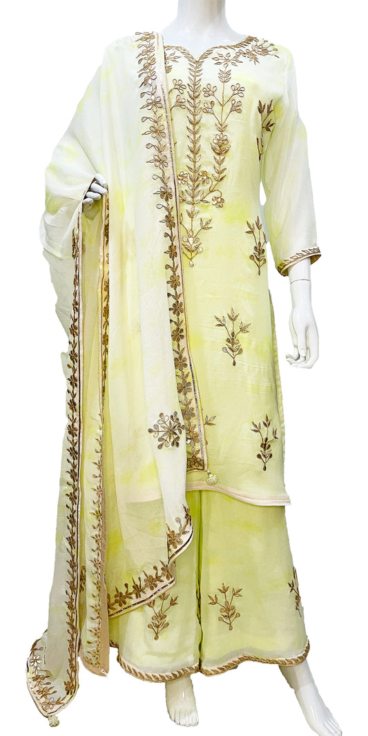 Lime Green Tie n Dye Pure Chinon Fabric with Traditional Gota Patti Hand Work Long Top Palazzo Pants with Dupatta