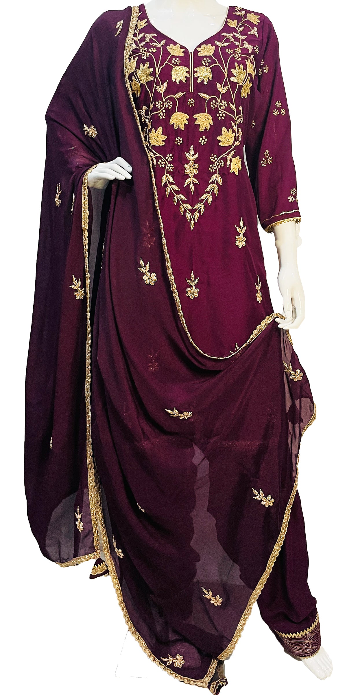 Wine color Salwar Suit, Hand Embroidered Punjabi suit, Custom made Salwar Kameez with Zari and Gota work, Party-wear salwar kameez with dupatta, Full Patiala Salwar Suit with Zari border