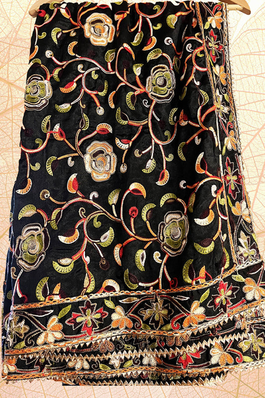 Kashmiri Embroidery Black color multi thread-work dupatta in Pure Chinon