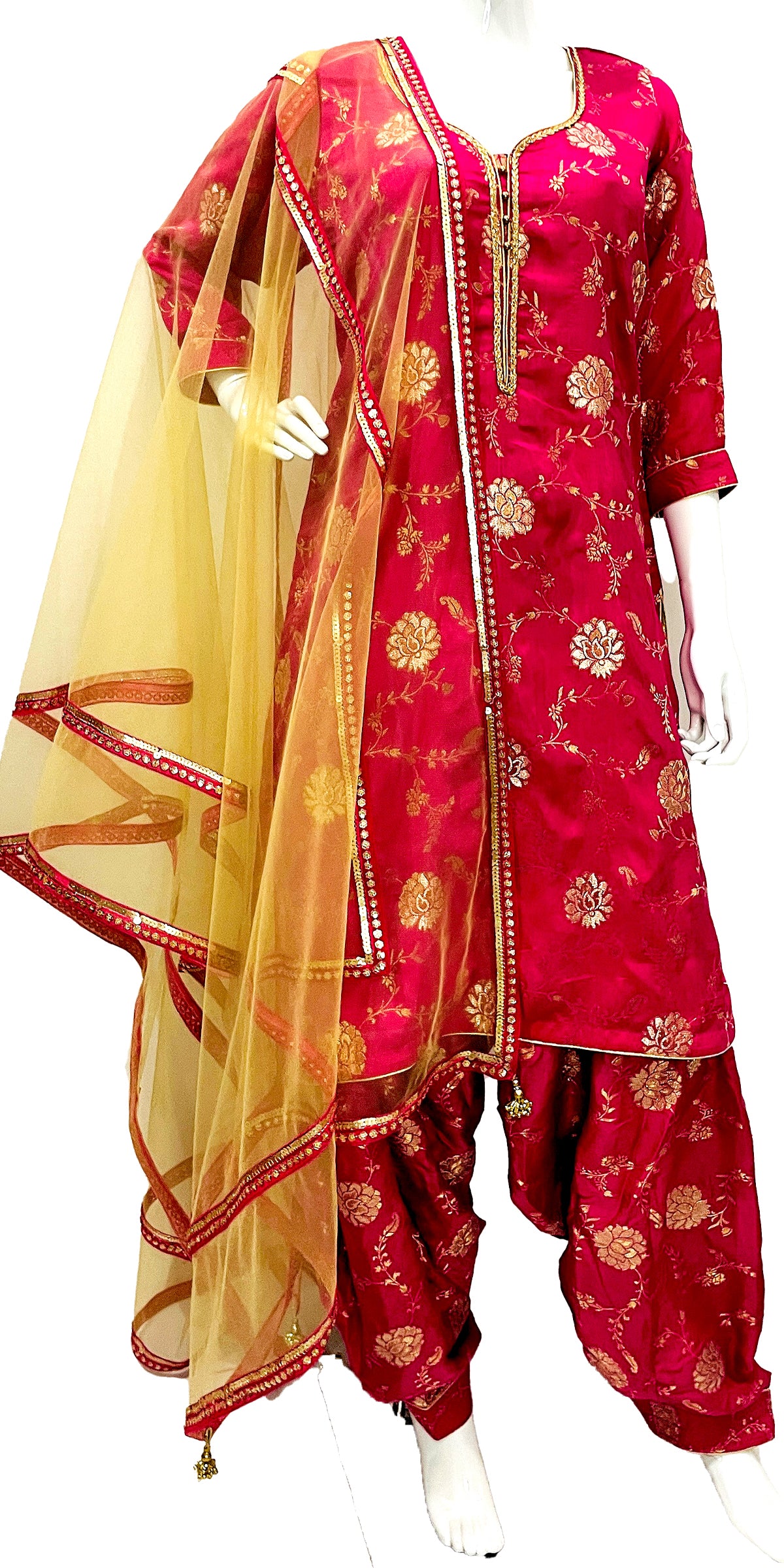 Hot Pink Full Patiala Salwar Suit, Salwar Kameez with Net Dupatta Embroidery work, Punjabi dress, Pink golden Salwar kameez, partywear Hot Pink suit, Punjabi suit, Pure Silk suit, Shining fabric suit, Indian ethnic wear, indian Pink stitched suit
