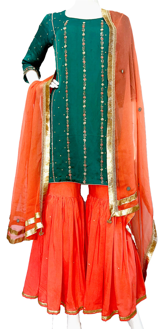 Peach Sharara, Zardosi Sharara Set, Sharara with Dupatta, Sharara with short Kurti, Embroidered Kurta, Arabic dress,, Punjabi Wedding wear, Indian Wedding wear, Deep green Indian wear