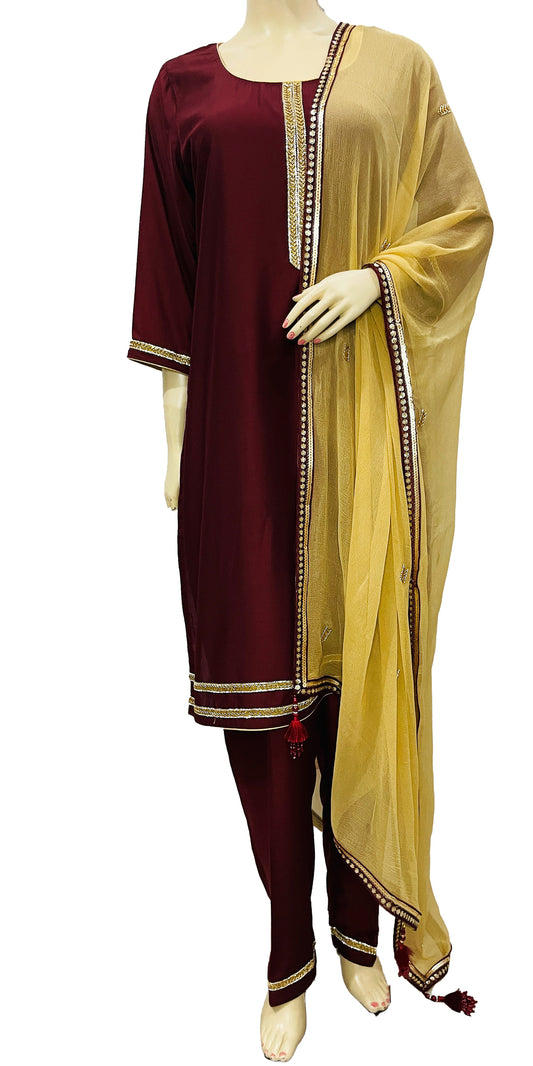 Maroon Golden Pant suit with Kurta Top and Dupatta with border