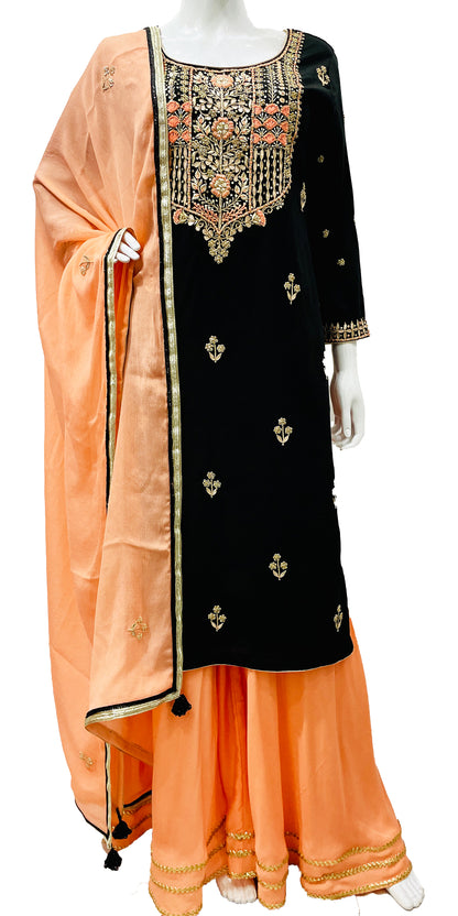 Black Sharara Dress, Peach embroidered sharara Dress, Ready to wear black Sharara Suit, Indian Partywear Sharara Suit, Punjabi Flared bottom Suit, Sharara with Kurta and Dupatta, Sharara With kameez, Sharara with top