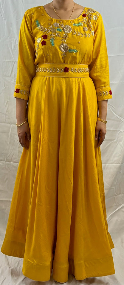 Bright yellow color hand embroidered long dress with belt and dupatta