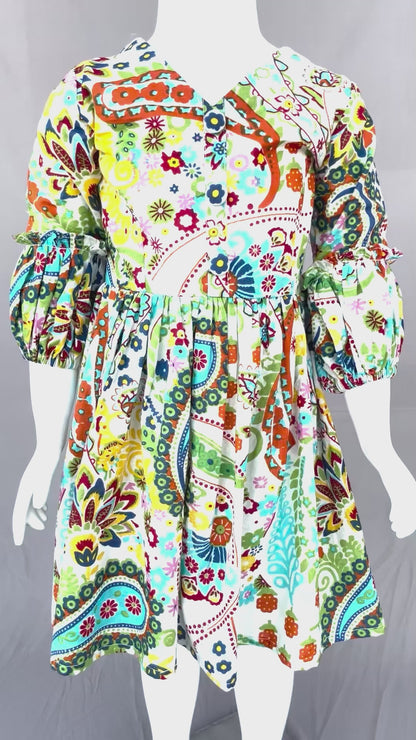 White Yellow Floral Cotton Dress, Summer wear for Girls, Grey Frock for Girl Child