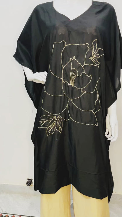 Black Hand Embroidered Kaftan, Pure Muslin Partywear Floral Design Kaftan