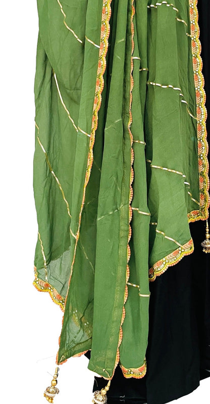 Green Mehndi Color Chinon Dupatta with Laces Handmade Dupatta