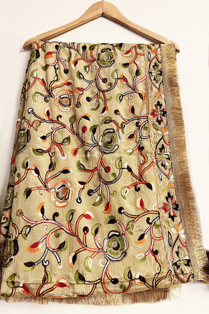 Kashmiri Embroidery Black color multi thread-work dupatta in Pure Chinon