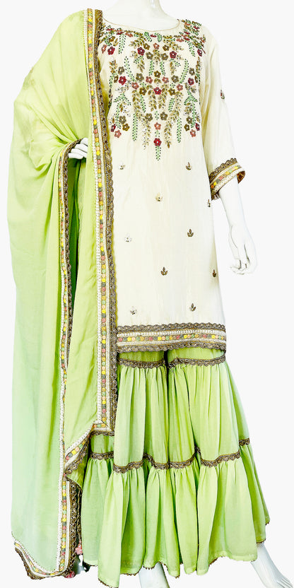 White Sharara Suit With Kurta Dupatta, Ready to wear partywear sharara dress, Punjabi garara suit, Zardosi work green Garara suit, Light green heavy embroidered Sharara, Flared Bottom Punjabi Suit, Flared Palazzo Wedding Suit, Bridesmaid Indian Ethnic Wear, Indian Bride to be wear, Islamic wedding wear