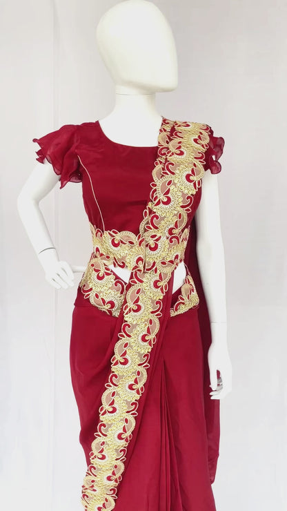 Red Maroon Pure Chinon Saree, Ready to wear Sari, Sari with belt, Padded Frill Sleeves Designer Blouse,
