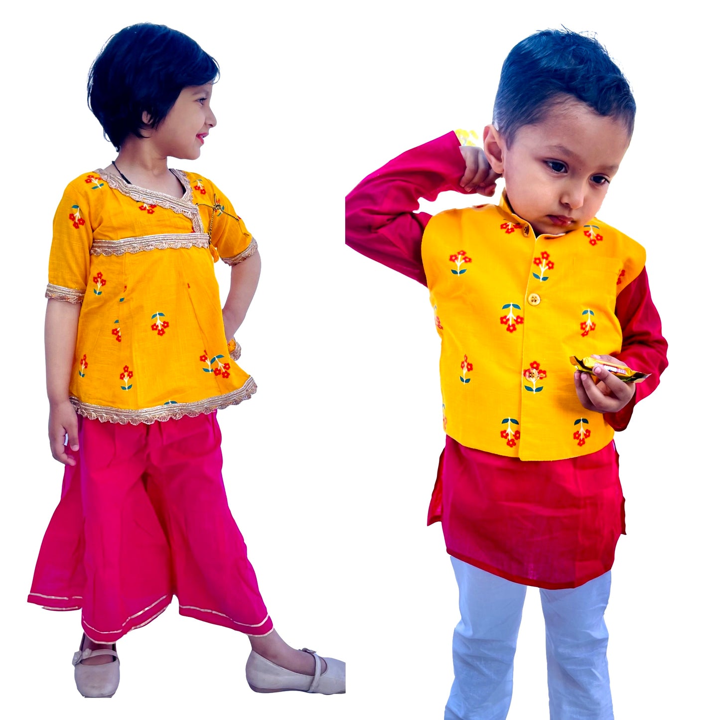 Yellow and Hot Pink Kids Kurta Pajama with Jacket, Cotton