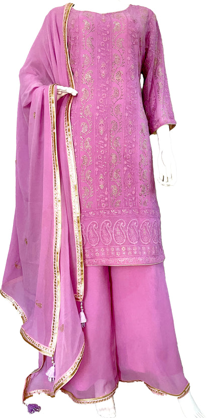 Lavender Pure Georgette Punjabi suit, Palazzo Suit With Top and Dupatta, Bride to be Party wear Suits, Ready to wear pink Suit in USA, Partywear Indian Dress, Indian Wedding wear, Golden Embroidery work palazzo Suit, Lavender Fancy Dupatta with Tassel 