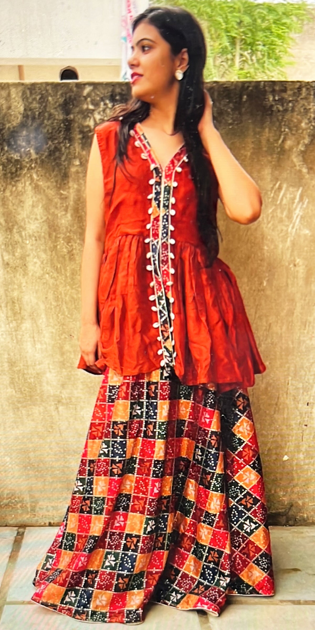 Red and Black Silk Embroidered Sharara Dress, Mehendi Sharara Dress, Gujrati embroidered Palazzo DRESS, Position print Dupatta with Short kurta and Flared Palazzo, Garba Dress
