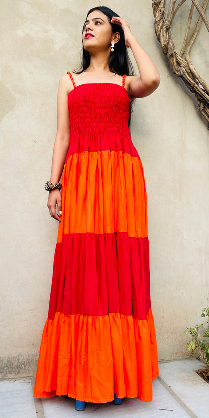 Orange Pink Tiered Long Dress Summer Maxi Dress With Straps