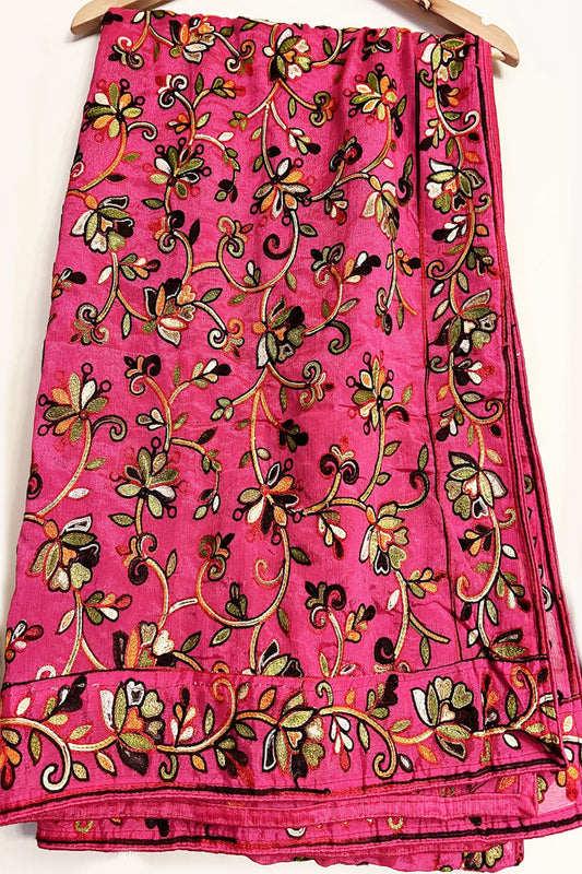 Kashmiri Embroidery Magenta color multi thread-work dupatta in Pure Chinon