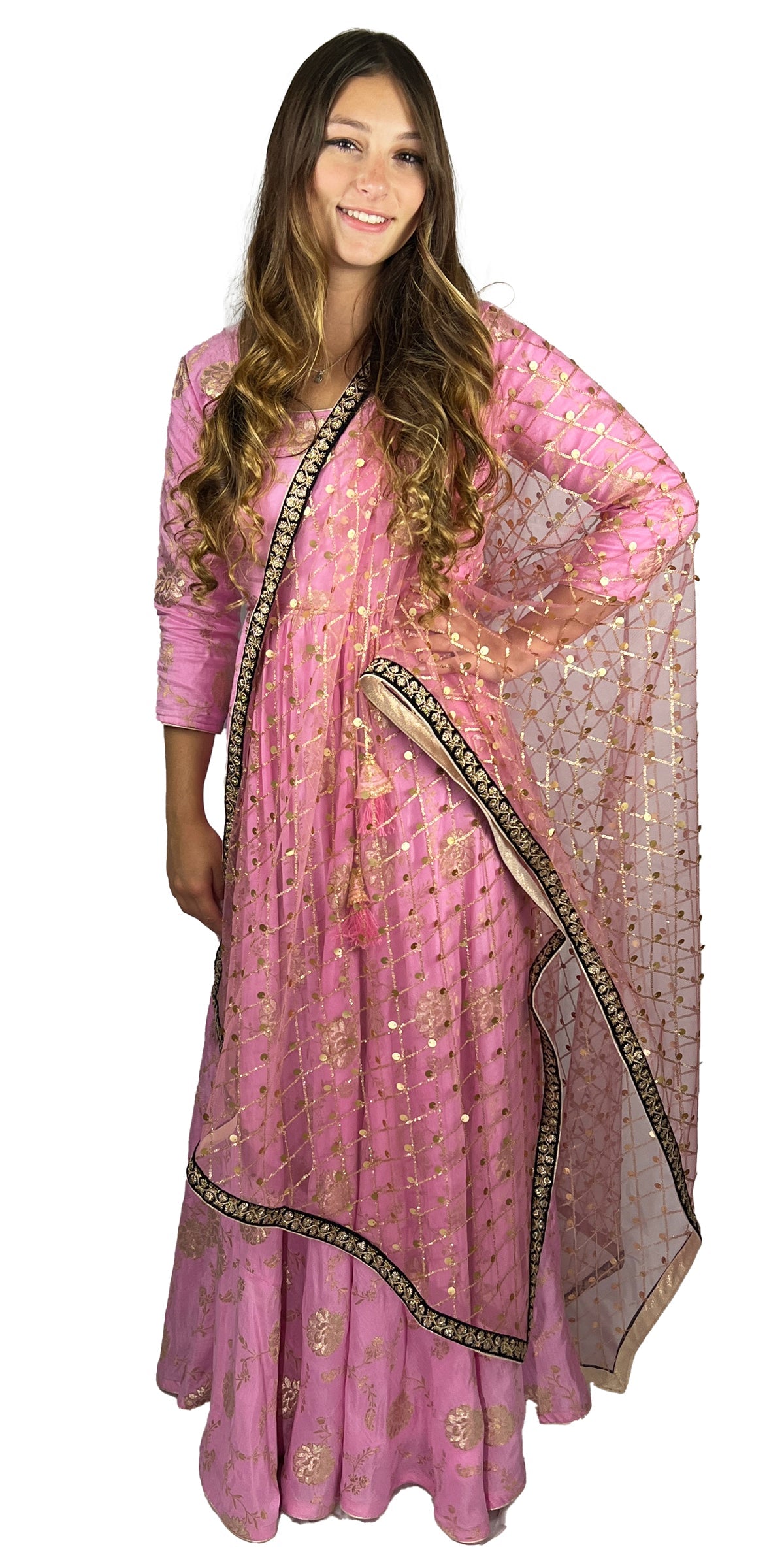 Long Pink Dress Silk Dress, Partywear Floor Length Dress with Golden embroidery