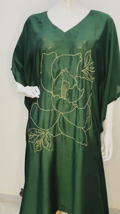 Emerald Green Hand Embroidered Kaftan, Pure Muslin Partywear Floral Design Kaftan