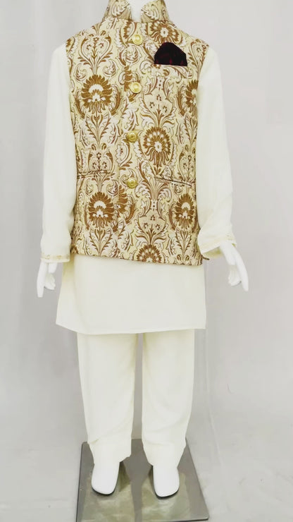 Off White Kurta Pajama with Jacket for Boys, with Hand Embroidery Indian Ethnic kids wear, Indian Boys Wear