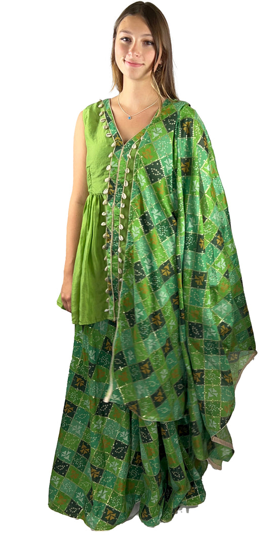 Green Silk Embroidered Sharara Dress, Mehendi Sharara Dress, Gujrati embroidered Palazzo DRESS, Position print Dupatta with Short kurta and Flared Palazzo
