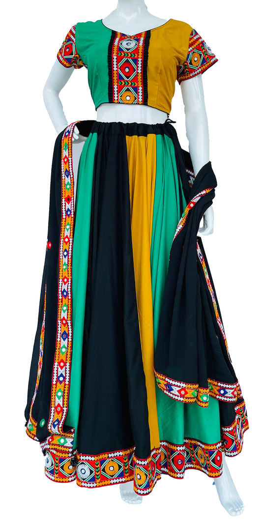 Green Black Yellow Gujrati Chaniya Choli Mirror work Dupatta