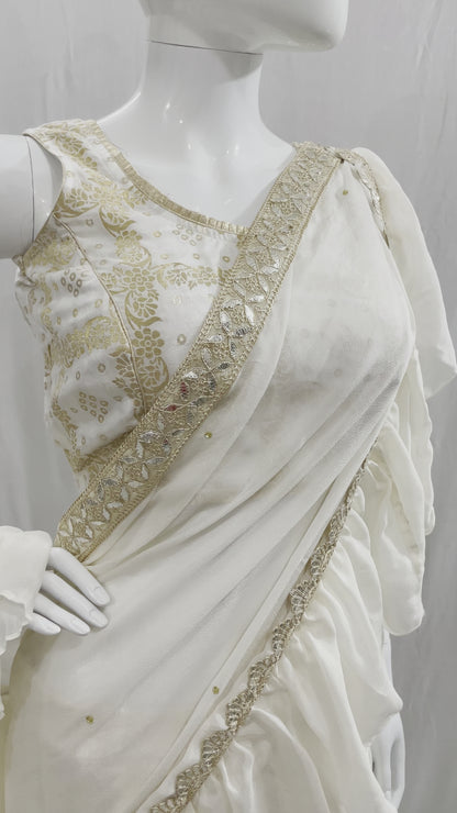 Off Wite Pure Chinon Saree, Ready to wear Sari, Skirt Saree with Pure Dola SILK Blouse