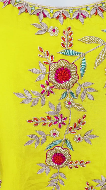 Lemon Yellow Pure Upada Silk Palazzo Suit with beautiful Handwork Embroidery