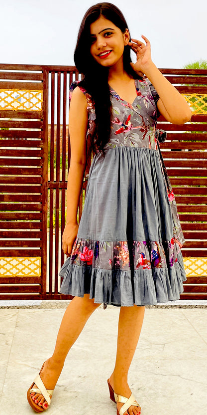 Grey Pure Cotton Wrap Dress, Tutu Style Flared Dress
