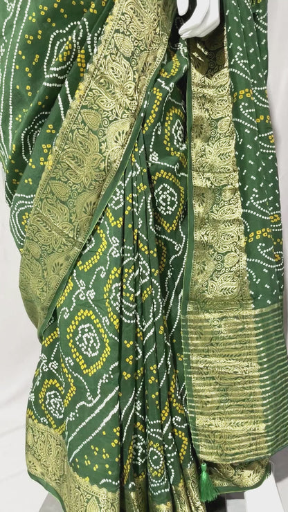 Green Bandhani Sari, Bhandej Silk Saree, Jaipuri print Saree, Teej Saree