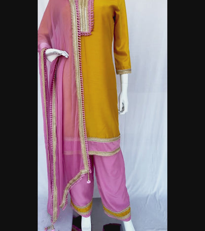Onion Pink - Mustard  Pant suit with Kurta Top and Dupatta with border