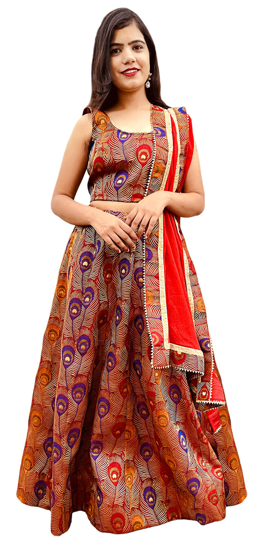 Maroon Color, Peacock feather pattern Brocade Lehenga & Blouse with Pure Chinon Dupatta