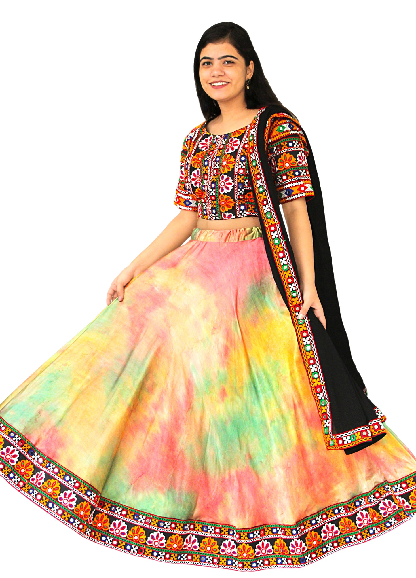 Multicolor Hand Tie Dye Gujarati Chaniya/Lehenga Choli Designer with Gujarati Embroidery Border