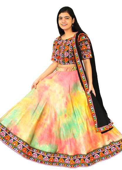 Multicolor Hand Tie Dye Gujarati Chaniya/Lehenga Choli Designer with Gujarati Embroidery Border