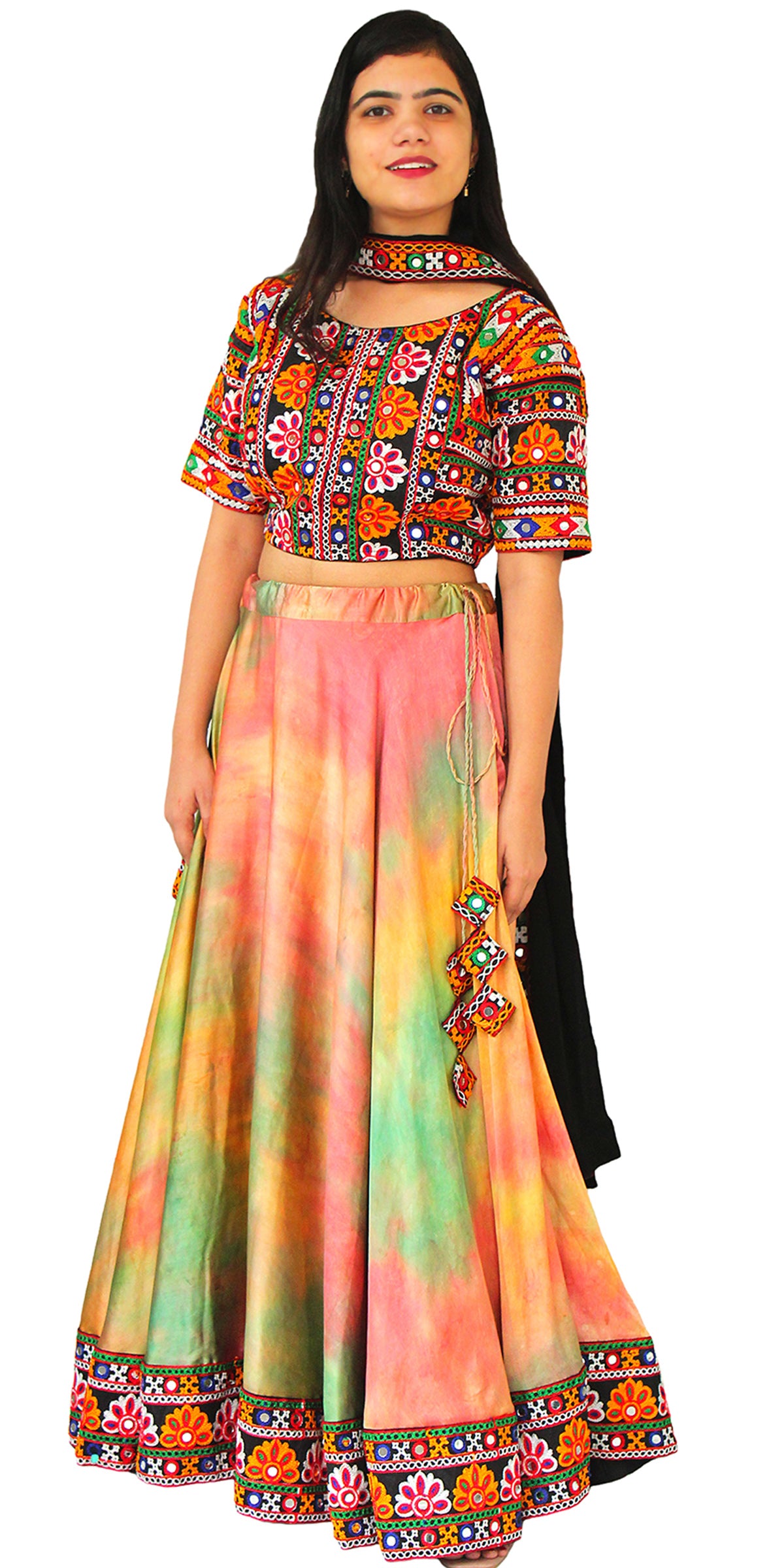 Multicolor Hand Tie Dye Gujarati Chaniya/Lehenga Choli Designer with Gujarati Embroidery Border