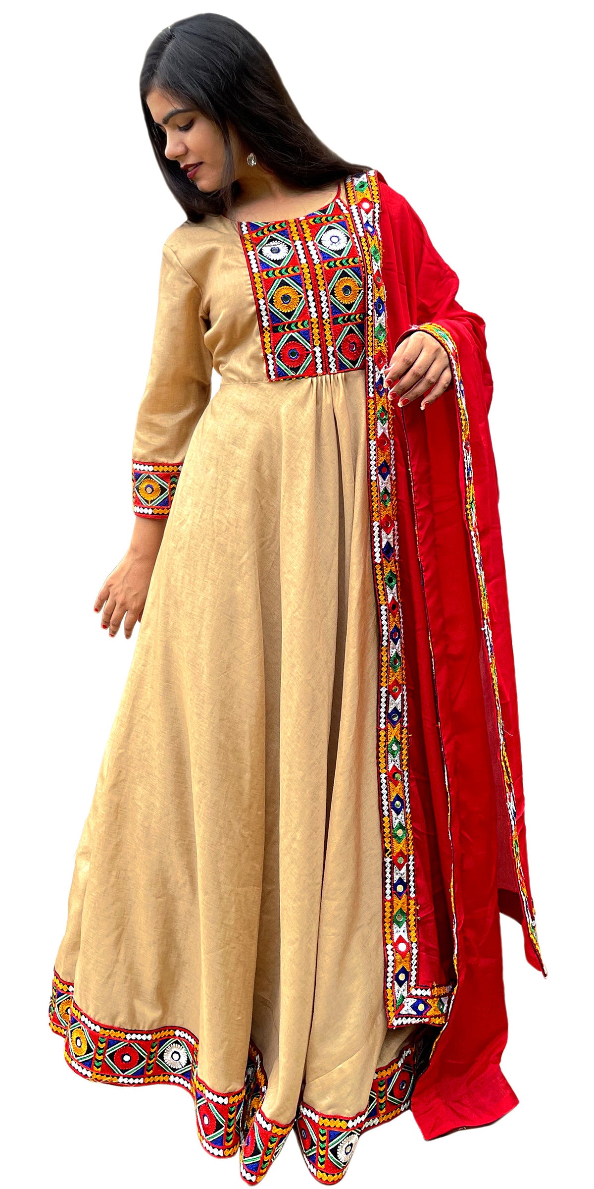 Long Indian Dress, Floor length anarkali gown, Beige Dress Indian style. Embroidery work on long dress, Dress for wedding, Indian Functions dress, Indian Dress with neck work