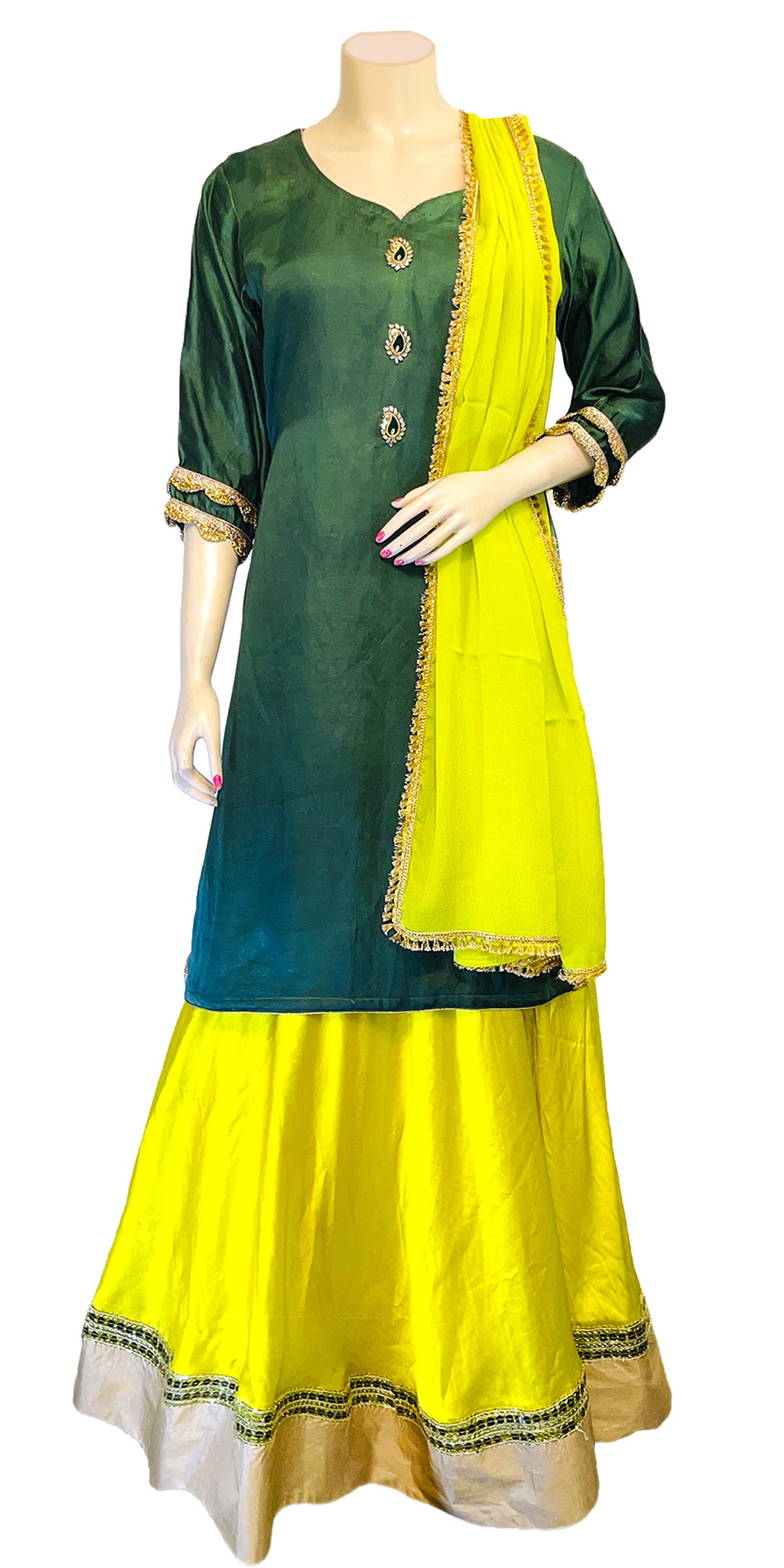 Dark Green & Neon Green color, Long Top Lehenga with Pure Chinon Dupatta Set