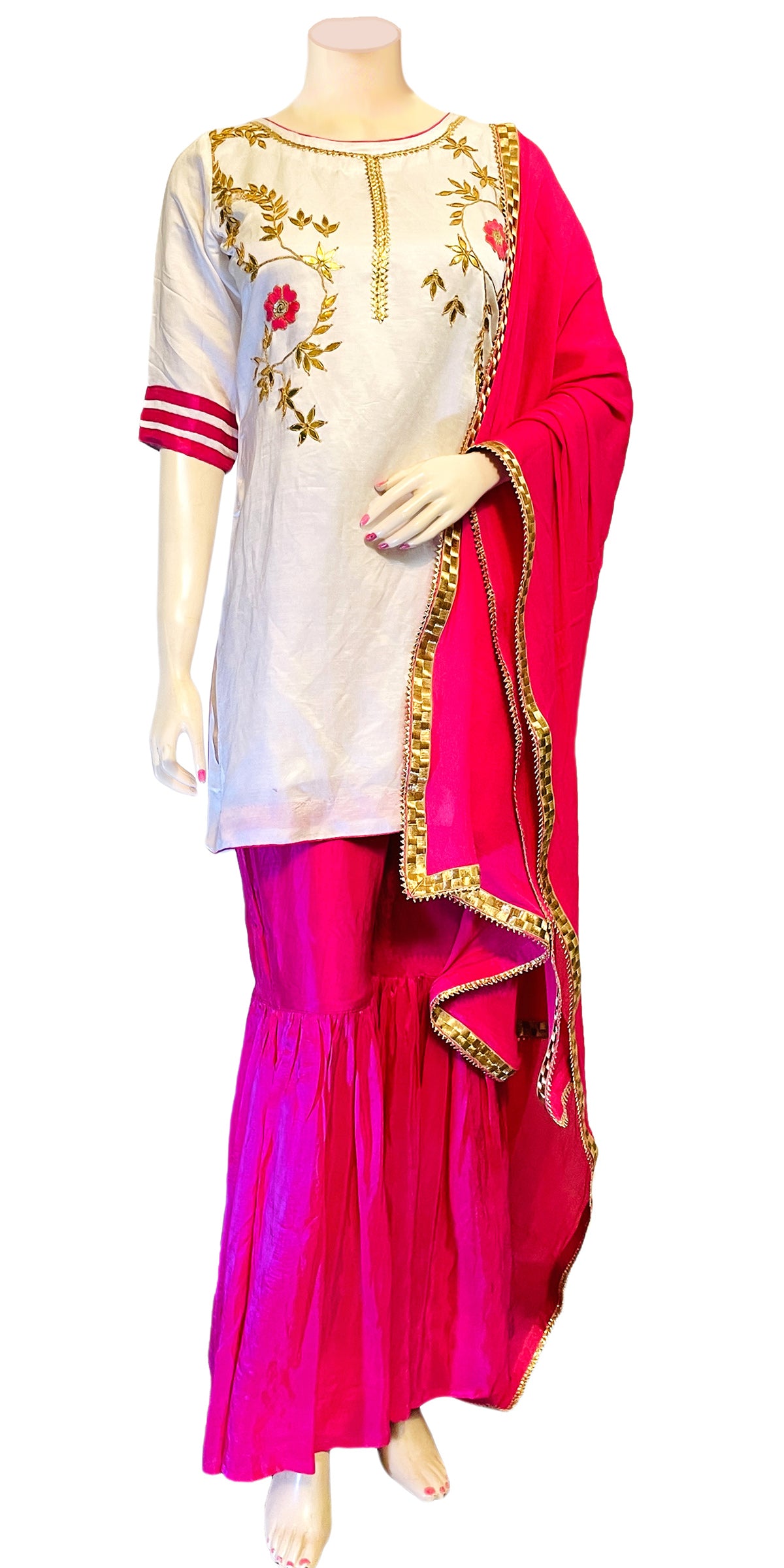 Pink Sharara Dress, Hot Pink Gota Patti embroidered sharara Dress, Ready to wear Fancy golden sharara Suit, Indian Partywear Sharara Suit, Punjabi Flared bottom Suit, Sharara with Kurta and Dupatta, Sharara With kameez, Sharara with top